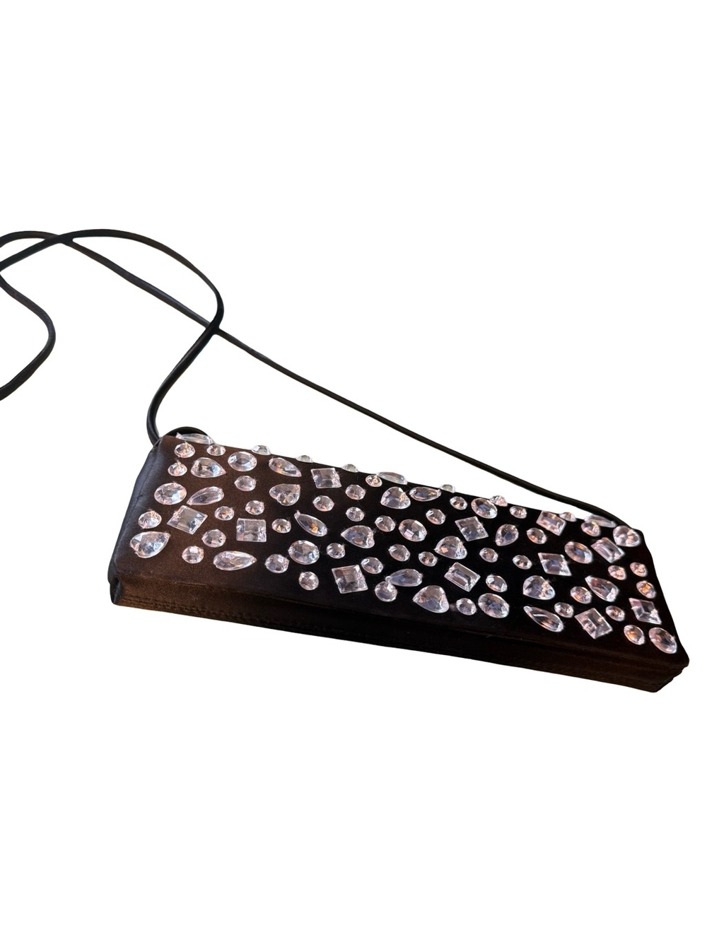 Cache Black Crossbody Bag with Faceted Clear Gem Accents
